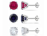 14 Carat (ctw) Lab Created Ruby, Blue Sapphire and White Sapphire Solitaire Stud Earrings Set in Sterling Silver